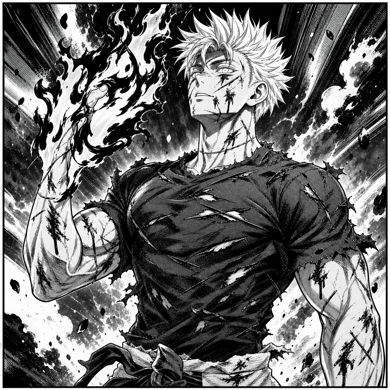 黑白漫画角色插画：白发战斗者气场