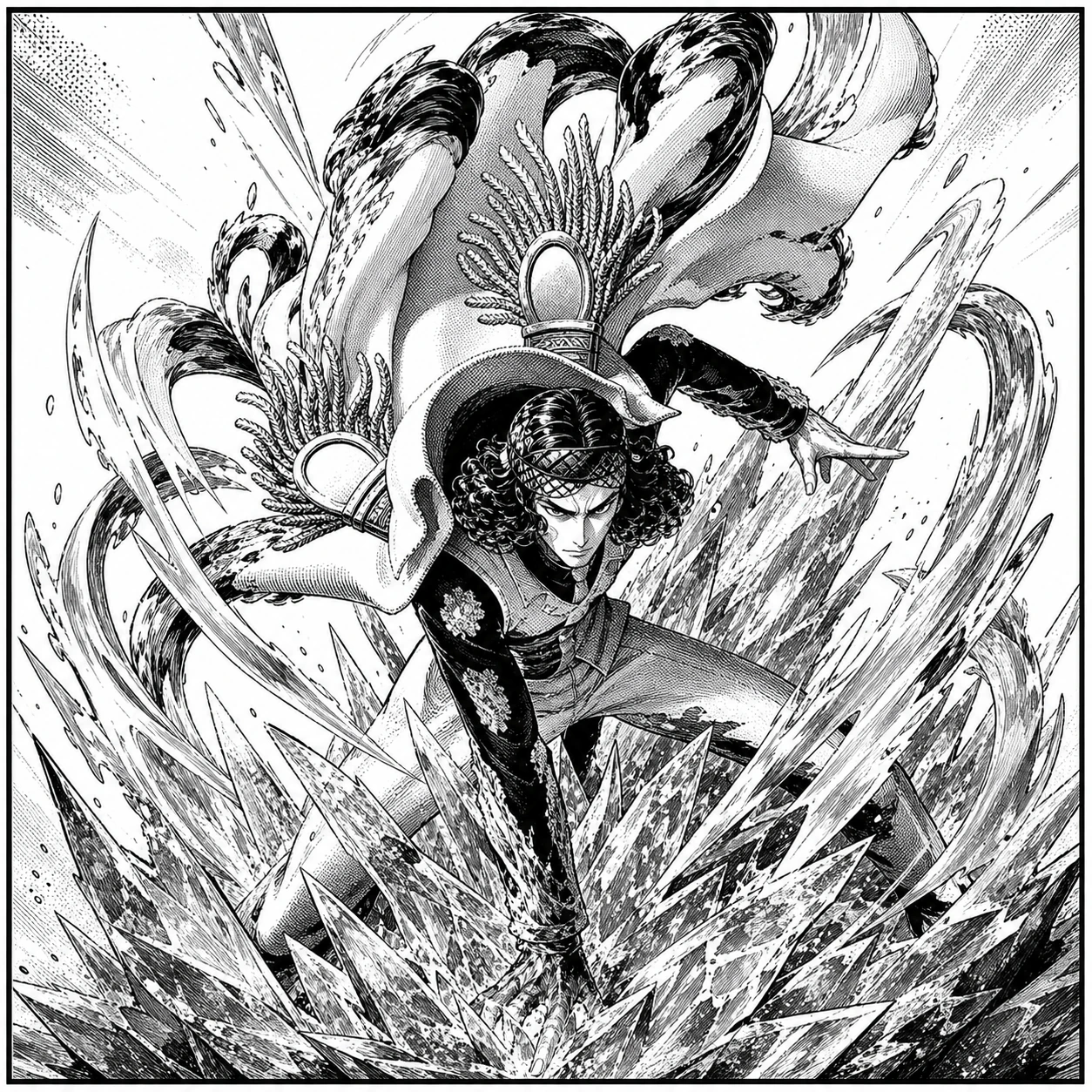 黑白漫画角色插画：高速战斗姿态
