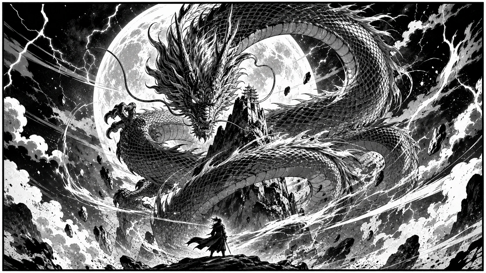 黑白漫画盘龙风格：东方巨龙盘绕山峰与月亮