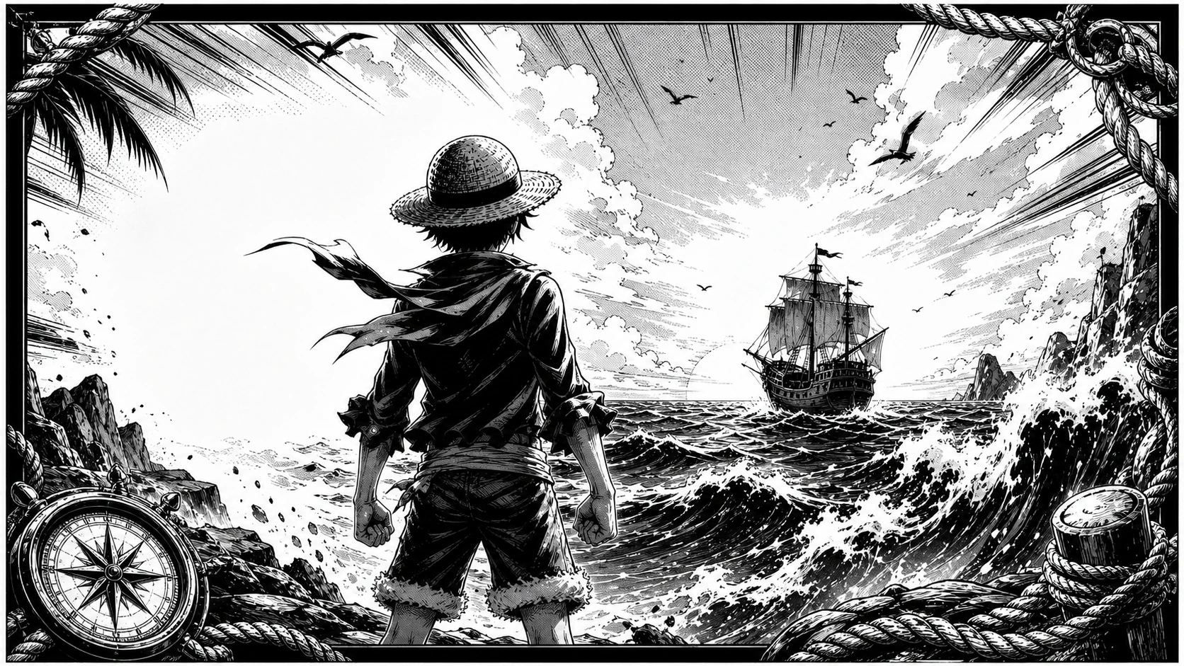 黑白漫画海贼冒险风格：草帽少年背影、海浪、帆船和罗盘