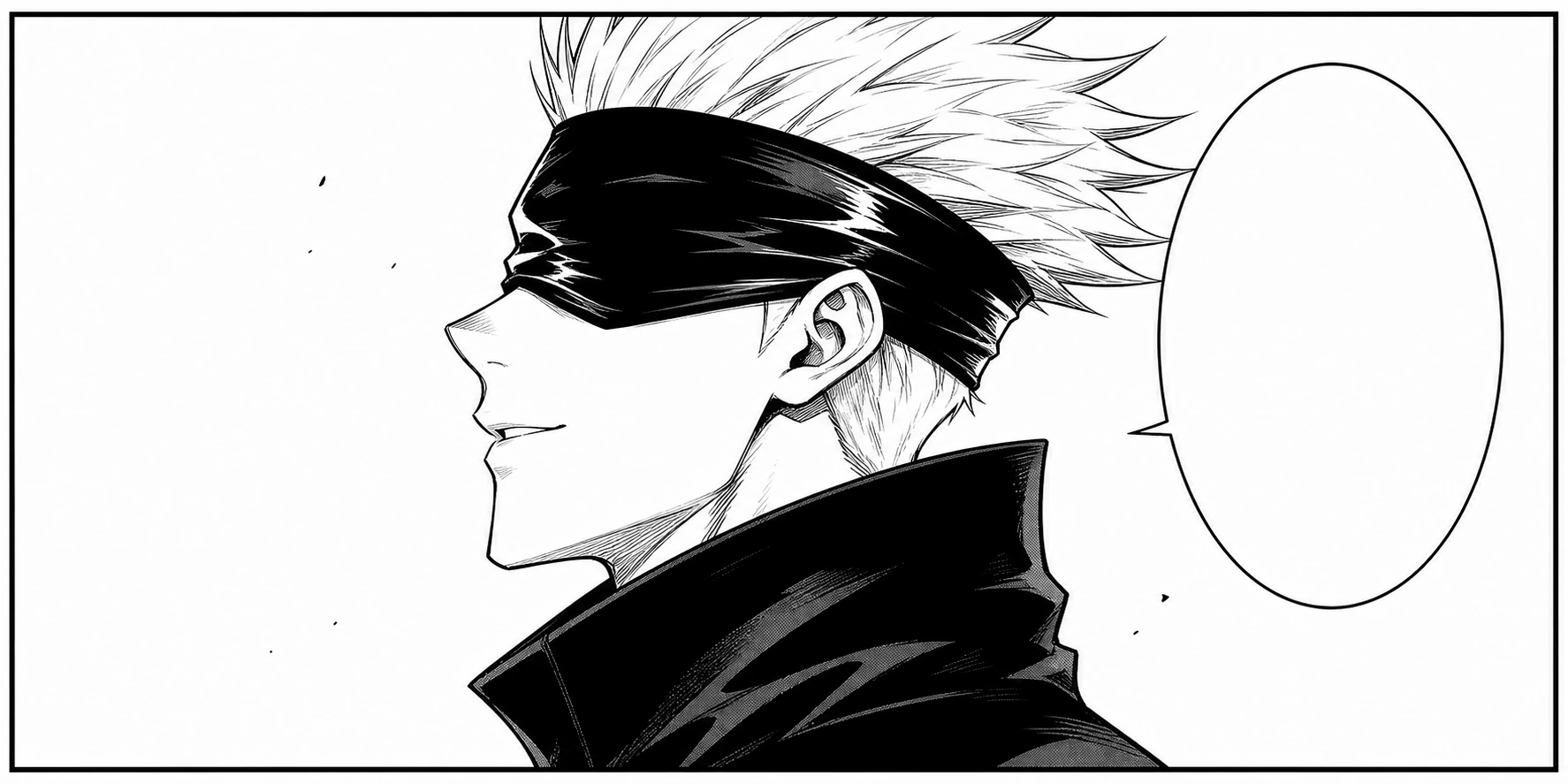 黑白高清漫画分镜，白发蒙眼角色侧脸与空白对白气泡